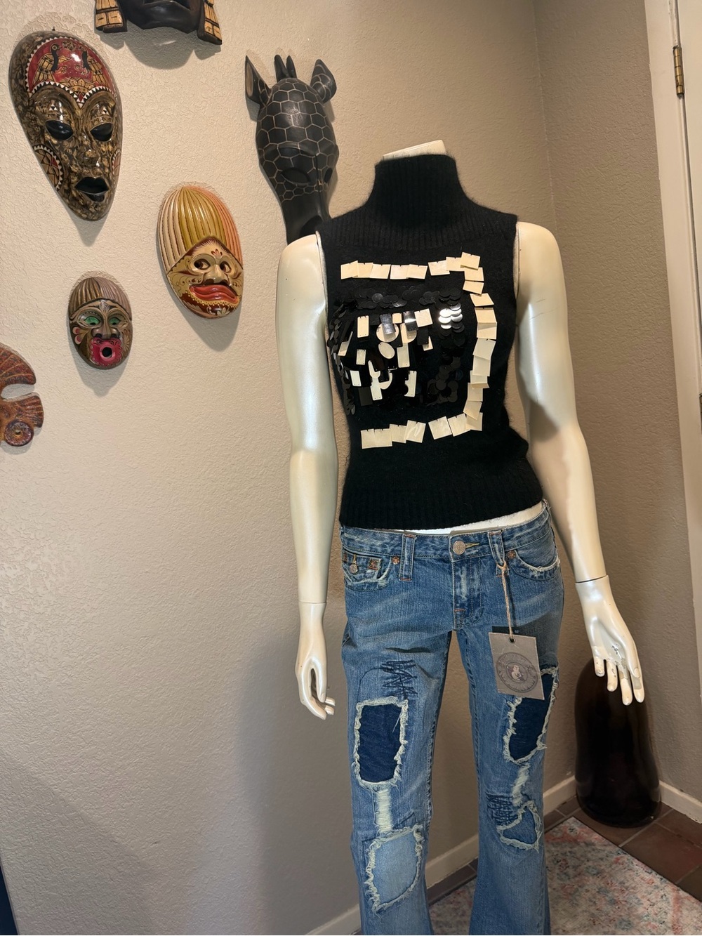 Y2K Bebe Angora Sequin Paillette Mock Neck Knit Vest Top Small